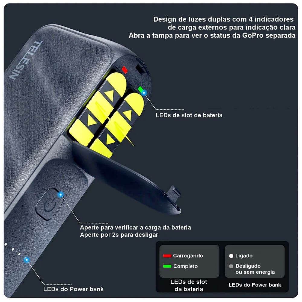 Carregador Portátil Power Bank 10000mAh para Baterias GoPro - Telesin