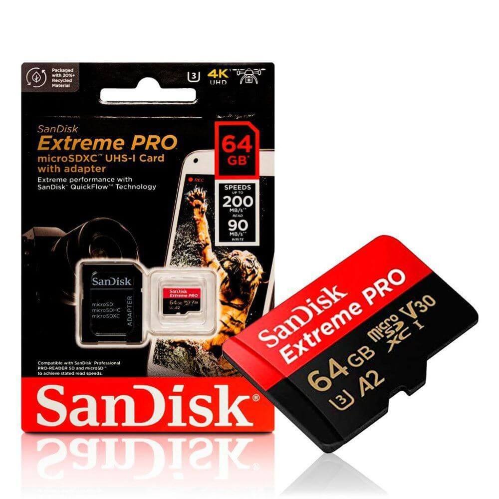 Cartão de Memória 64GB SanDisk Extreme Pro MicroSDXC 200Mb/s UHS-I V30 U3 A2