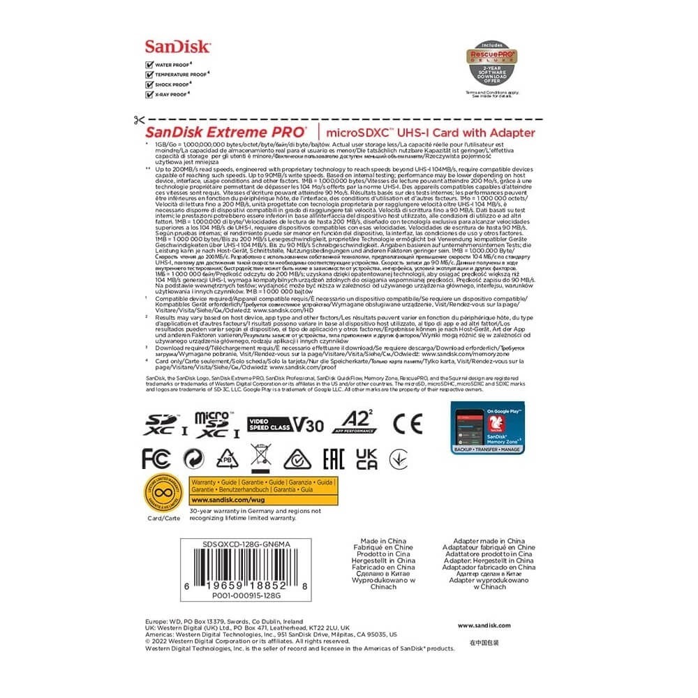 Cartão de Memória 128GB SanDisk Extreme Pro MicroSDXC 200Mb/s UHS-I V30 U3 A2