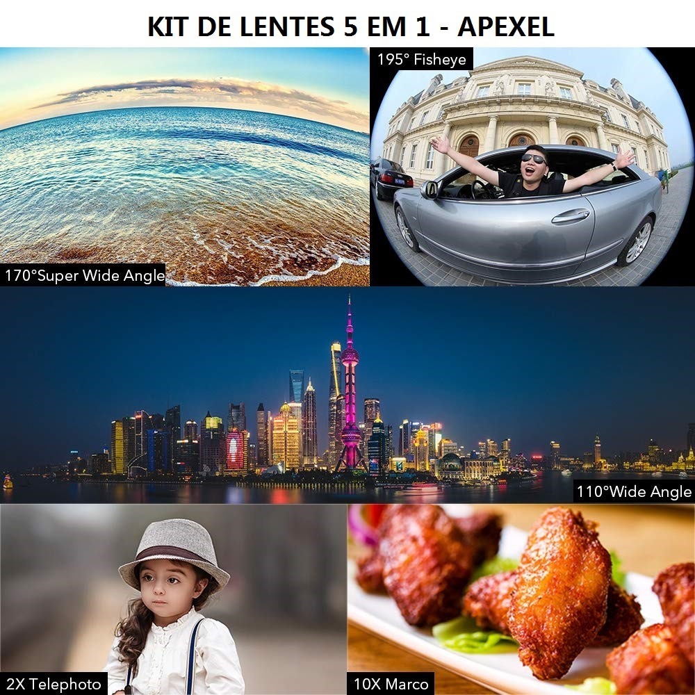 Kit de Lentes para Celular Apexel - Wide / Superwide / Macro / Telefoto / Fisheye