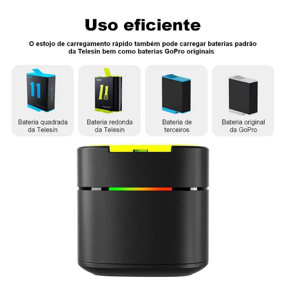 Carregador Duplo Carga Rápida para GoPro Hero 12 / 11 / 10 / 9 Black - Telesin