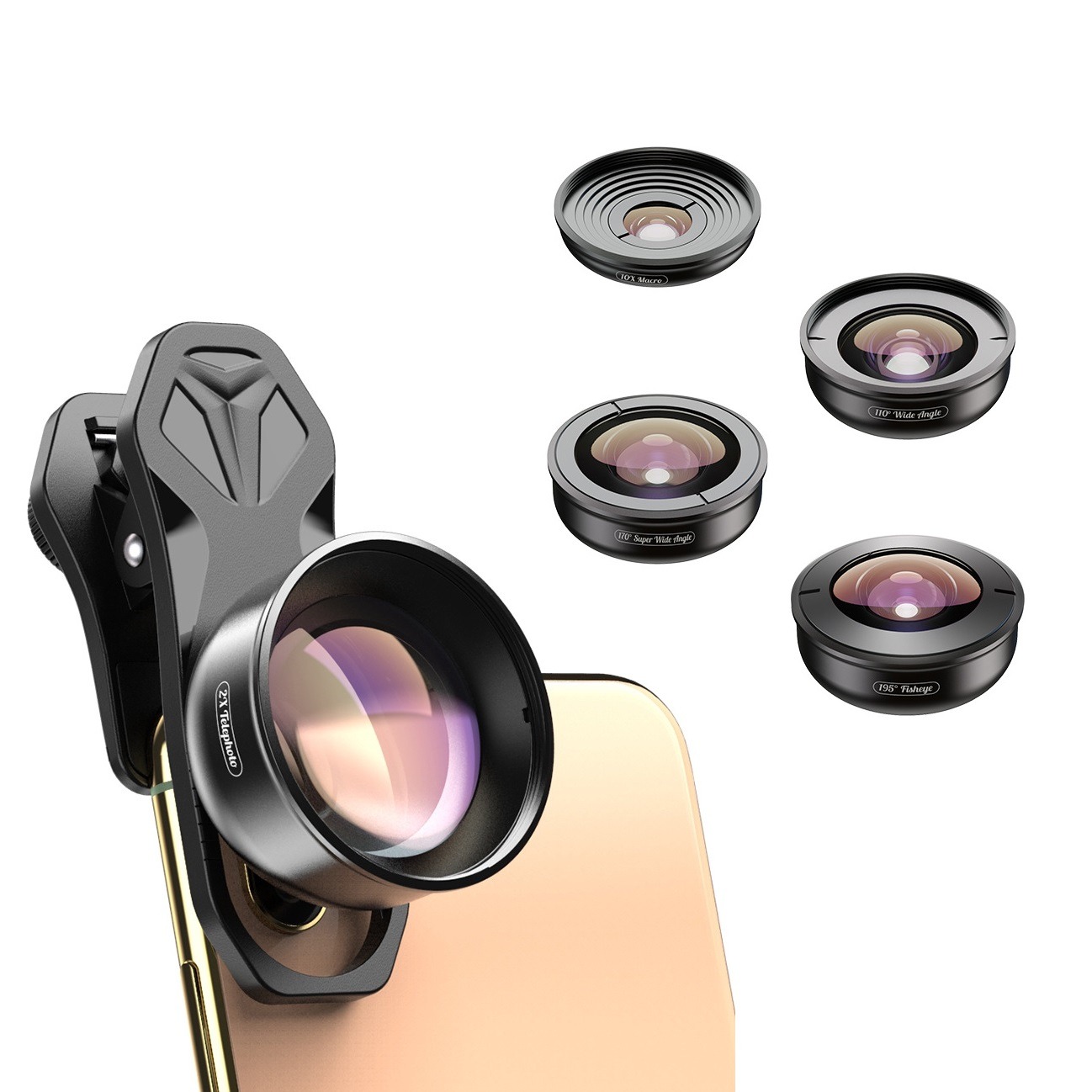 Kit de Lentes para Celular Apexel - Wide / Superwide / Macro / Telefoto / Fisheye