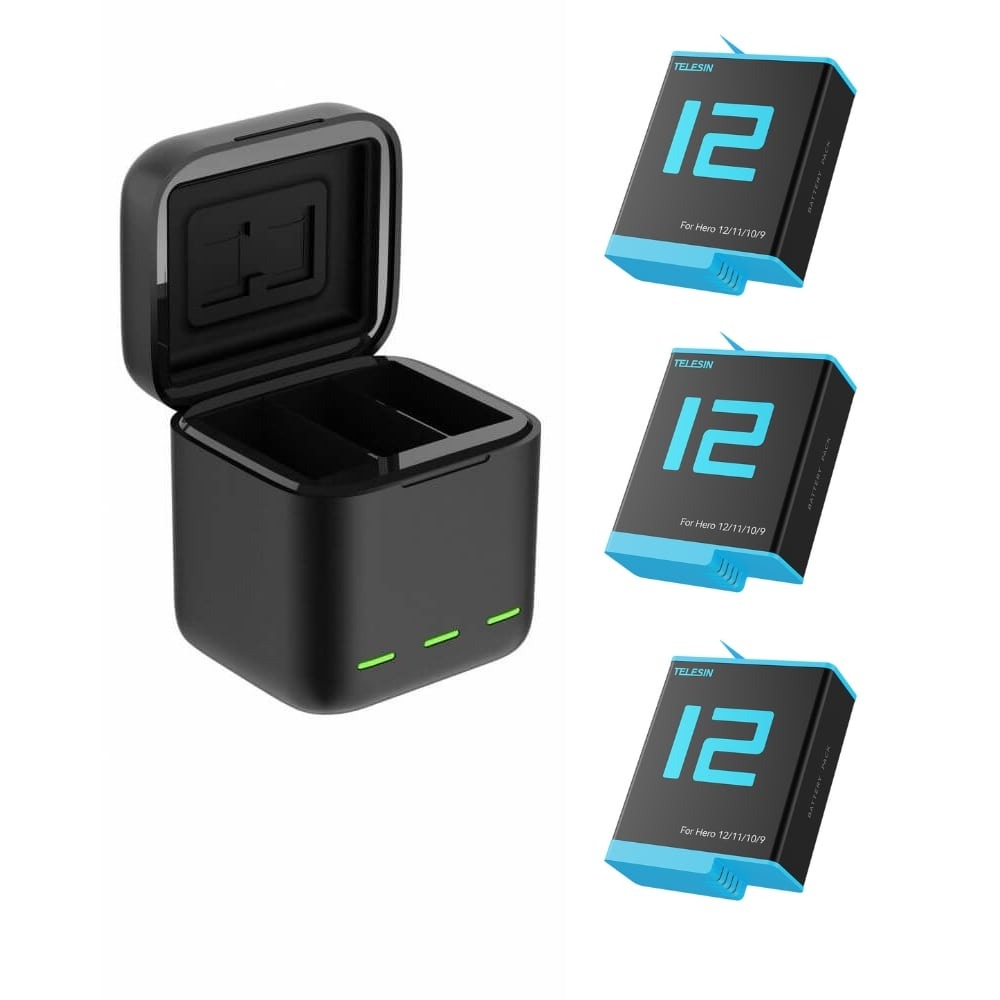 Carregador Triplo + 3 Baterias para GoPro Hero 12 / 11 / 10 / 9 Black - Telesin