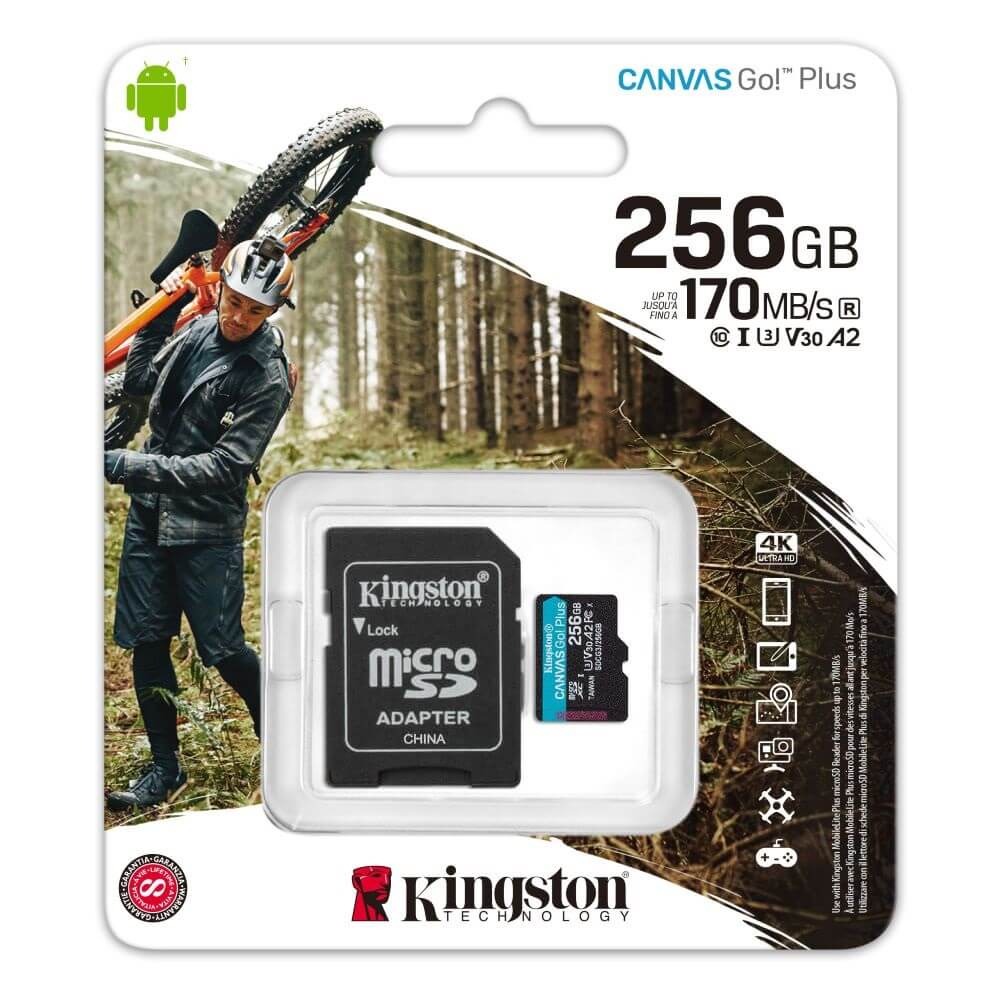 Cartão MicroSDXC 256GB Kingston Canvas Go! Plus UHS-I U3 V30 A2 170mb/s