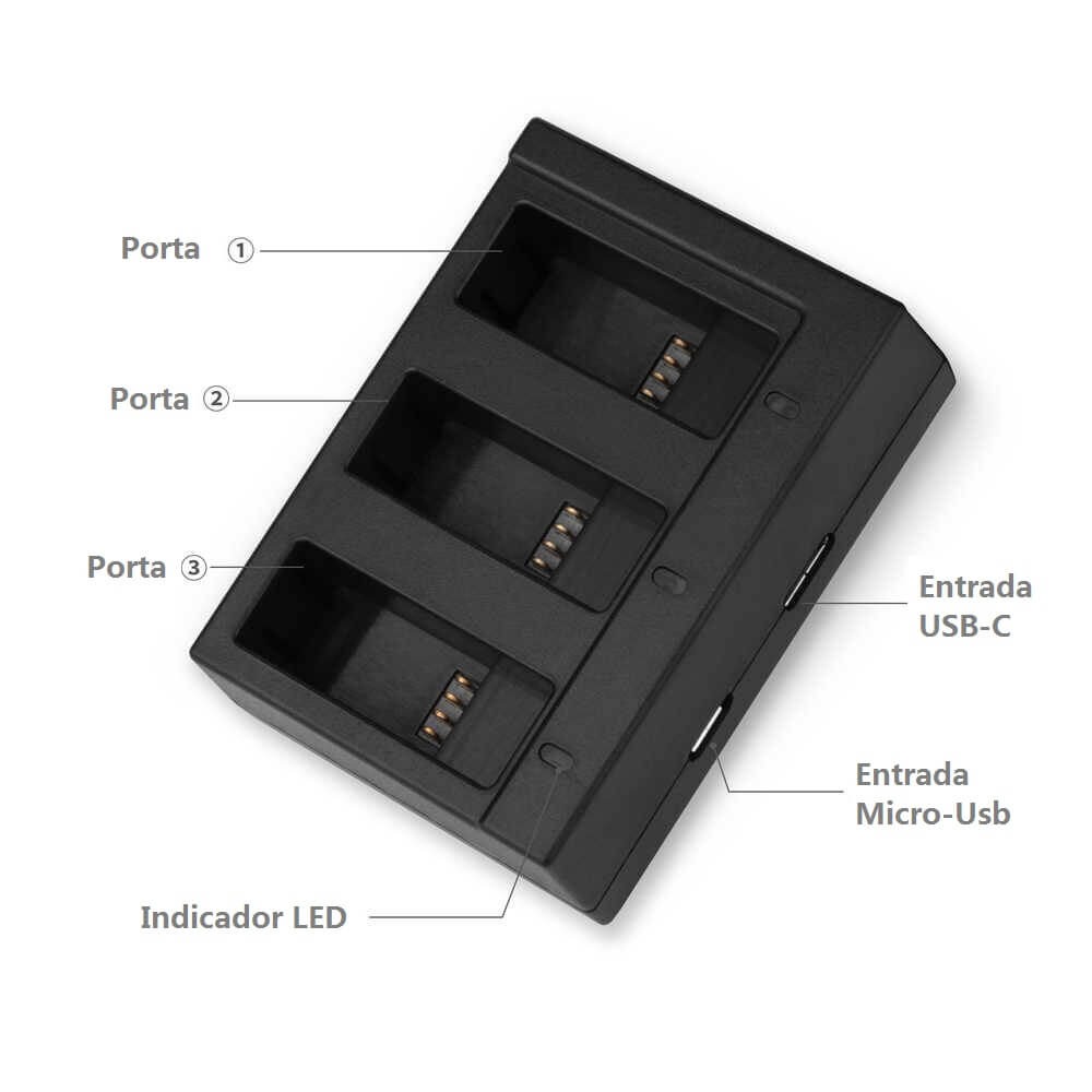 Carregador Triplo para GoPro Hero 8 7 6 5 Black e Hero 2018