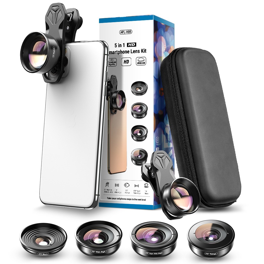 Kit de Lentes para Celular Apexel - Wide / Superwide / Macro / Telefoto / Fisheye