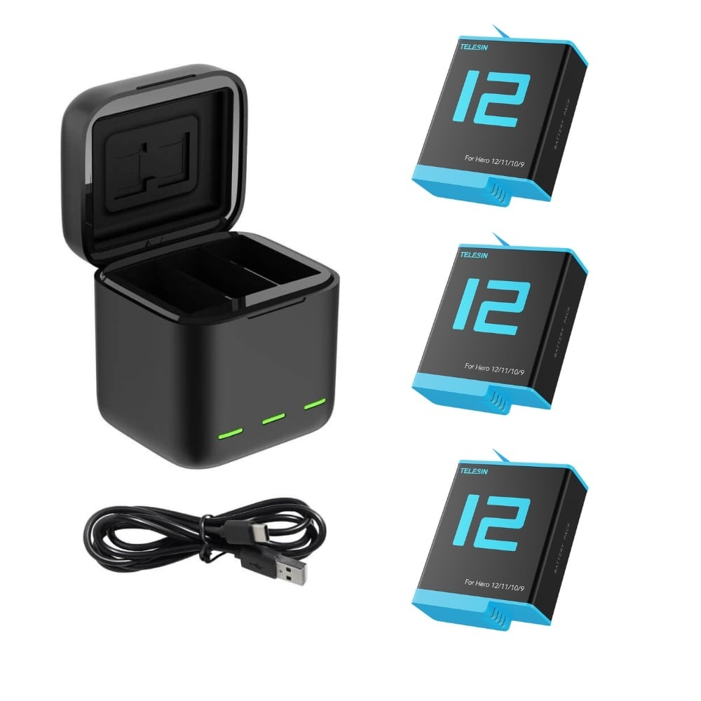 Carregador Triplo + 3 Baterias para GoPro Hero 12 / 11 / 10 / 9 Black - Telesin