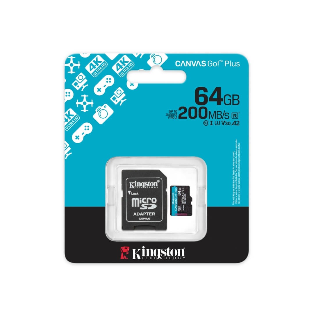 Cartão MicroSDXC 64GB Kingston Canvas Go! Plus UHS-I U3 V30 A2 200mb/s