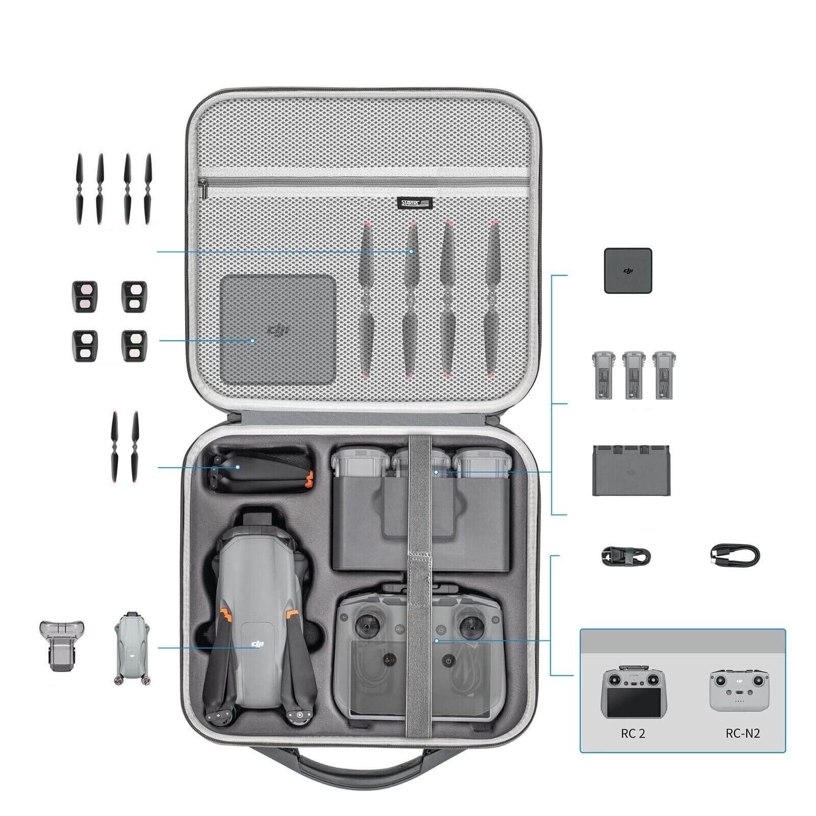 Case Maleta para DJI Air 3 Fly More Combo e Controle DJI RC N2 / DJI RC 2 - StartRC