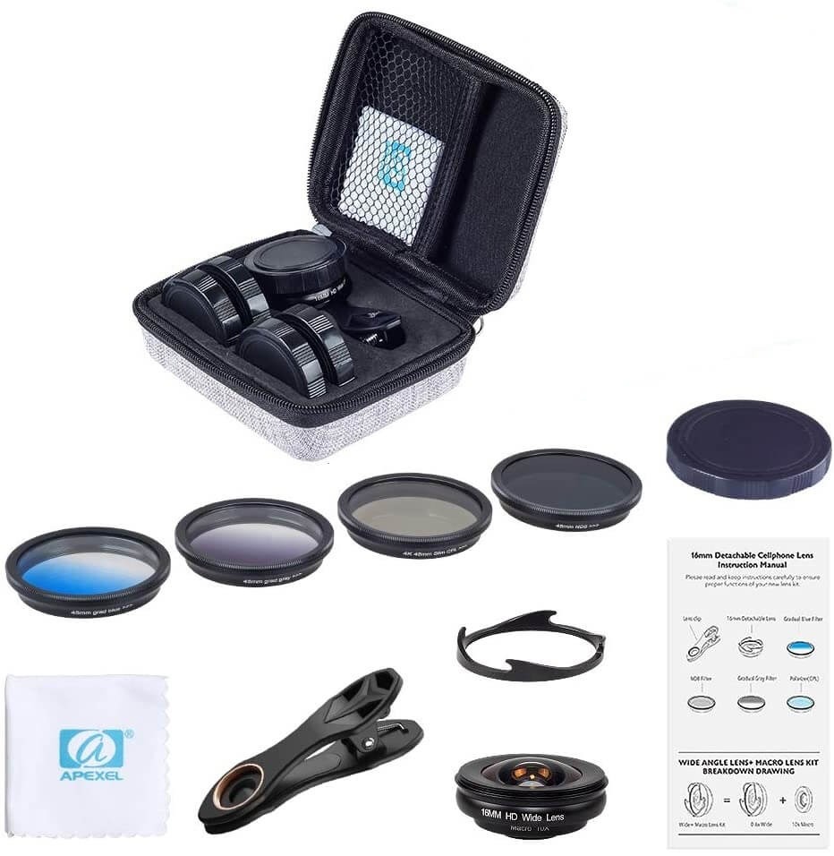 Kit Lente Grande Angular + Lente Macro + Filtros para Celular Apexel