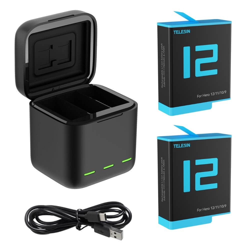 Carregador Triplo com 2 Baterias GoPro Hero 12/11/10/9 Black - Telesin