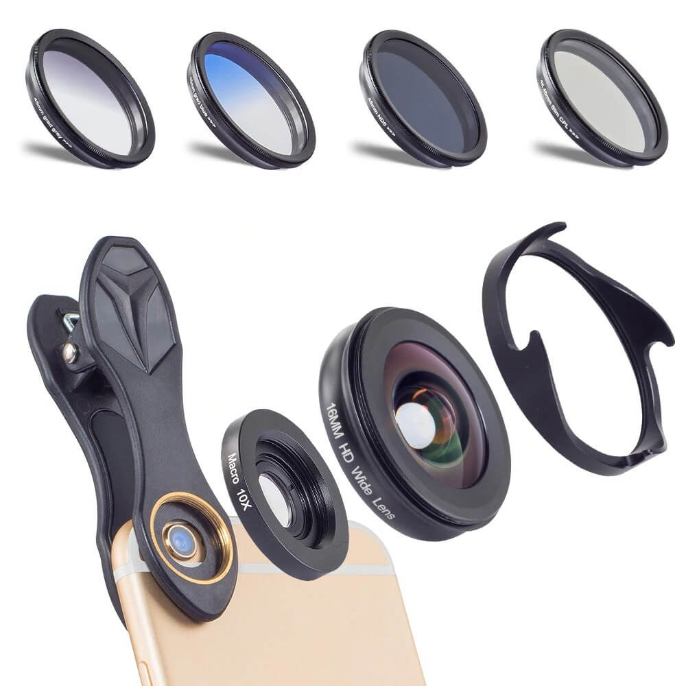 Kit Lente Grande Angular + Lente Macro + Filtros para Celular Apexel