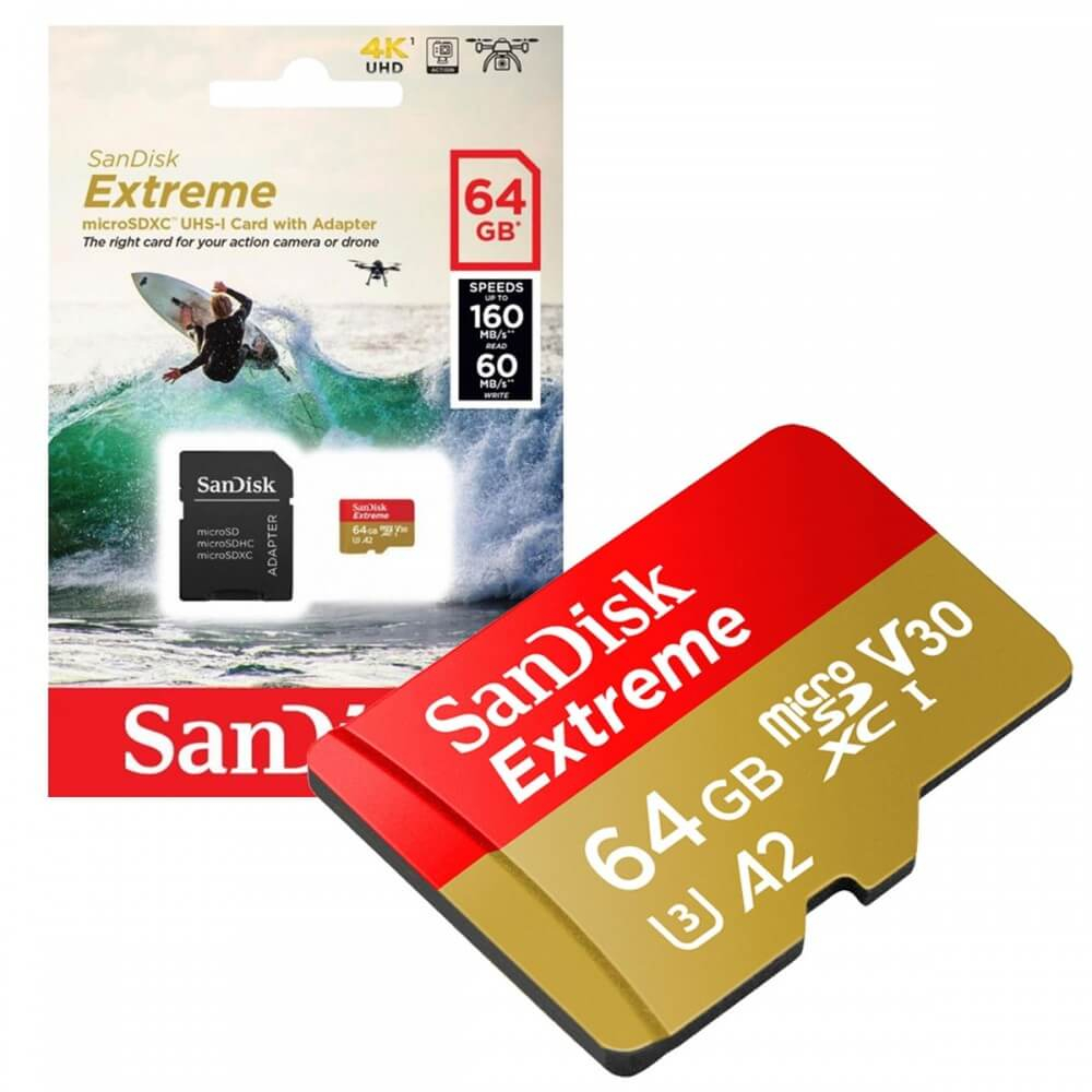 Cartão de Memória 64GB SanDisk MicroSD Extreme A2 C10 U3 V30 160MB/s