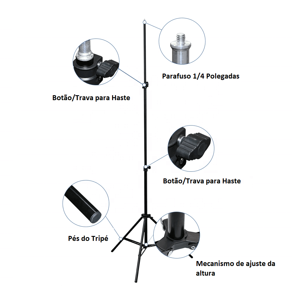 Tripé de Iluminação e Câmeras Encaixe 1/4 Polegadas - 2,10m