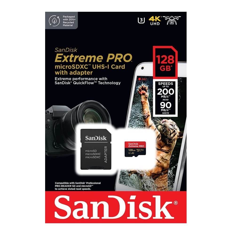 Cartão de Memória 128GB SanDisk Extreme Pro MicroSDXC 200Mb/s UHS-I V30 U3 A2