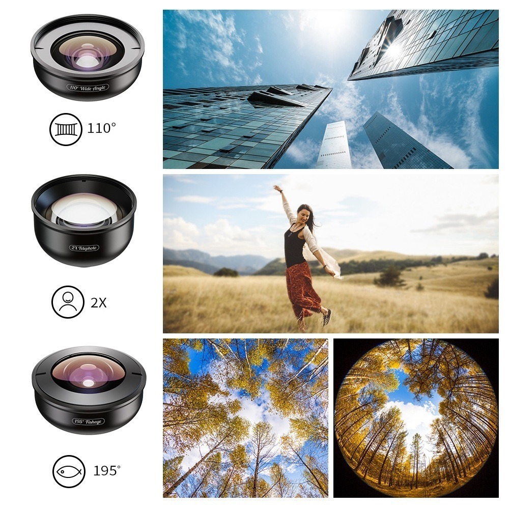 Kit de Lentes para Celular Apexel - Wide / Superwide / Macro / Telefoto / Fisheye
