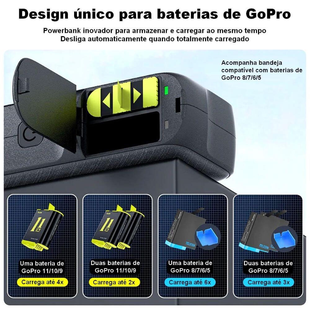 Carregador Portátil Power Bank 10000mAh para Baterias GoPro - Telesin
