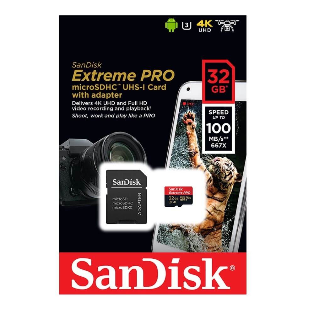 Cartão de Memória 32GB SanDisk Extreme Pro MicroSDXC 100Mb/s UHS-I V30 U3 A1