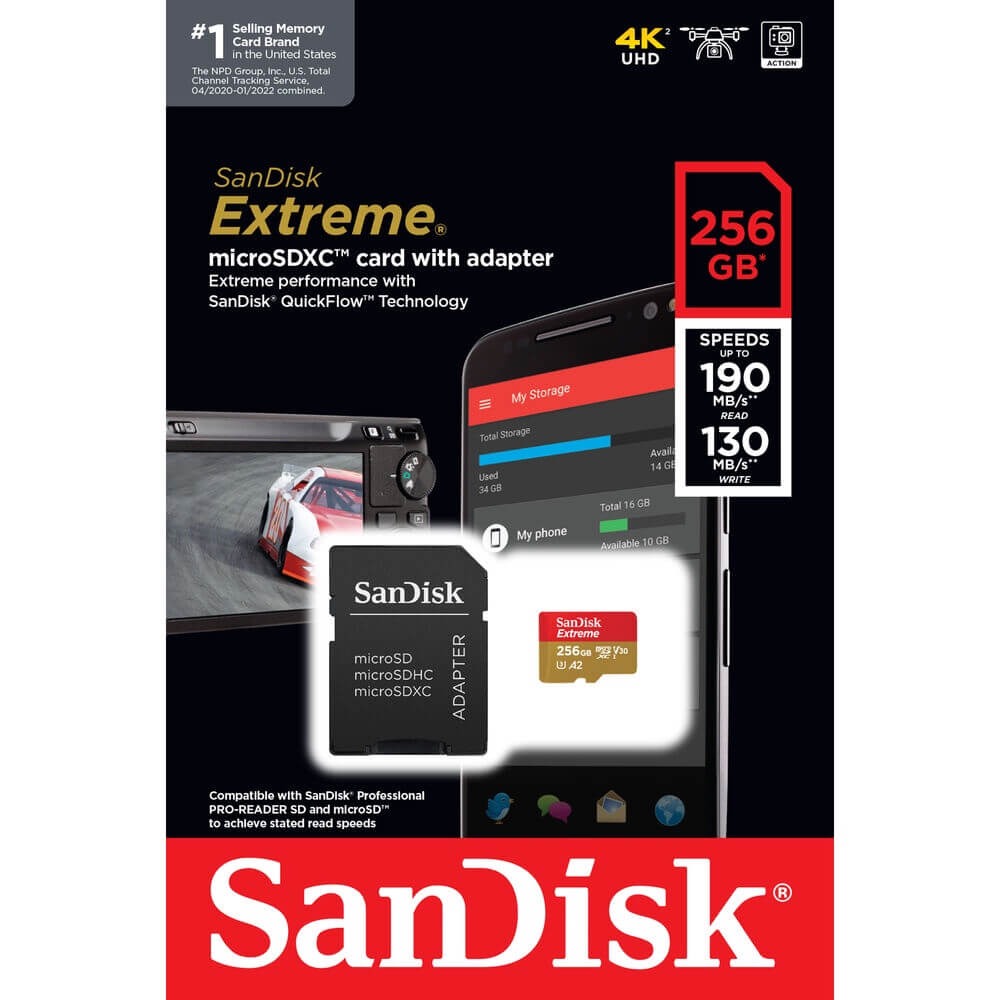 Cartão de Memória 256GB SanDisk Extreme MicroSDXC 190Mb/s UHS-I V30 U3 A2