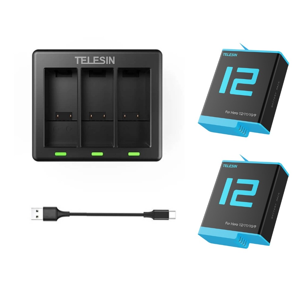 Carregador Triplo + 2 Baterias GoPro Hero 12/11/10/9 Black - Telesin