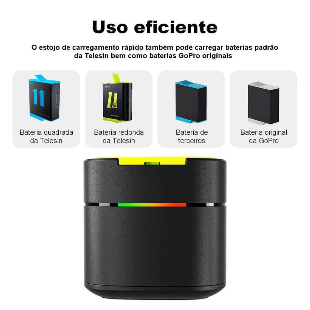 Carregador Duplo + 2 Baterias Carga Rápida para GoPro Hero 12 / 11 / 10 / 9 Black - Telesin