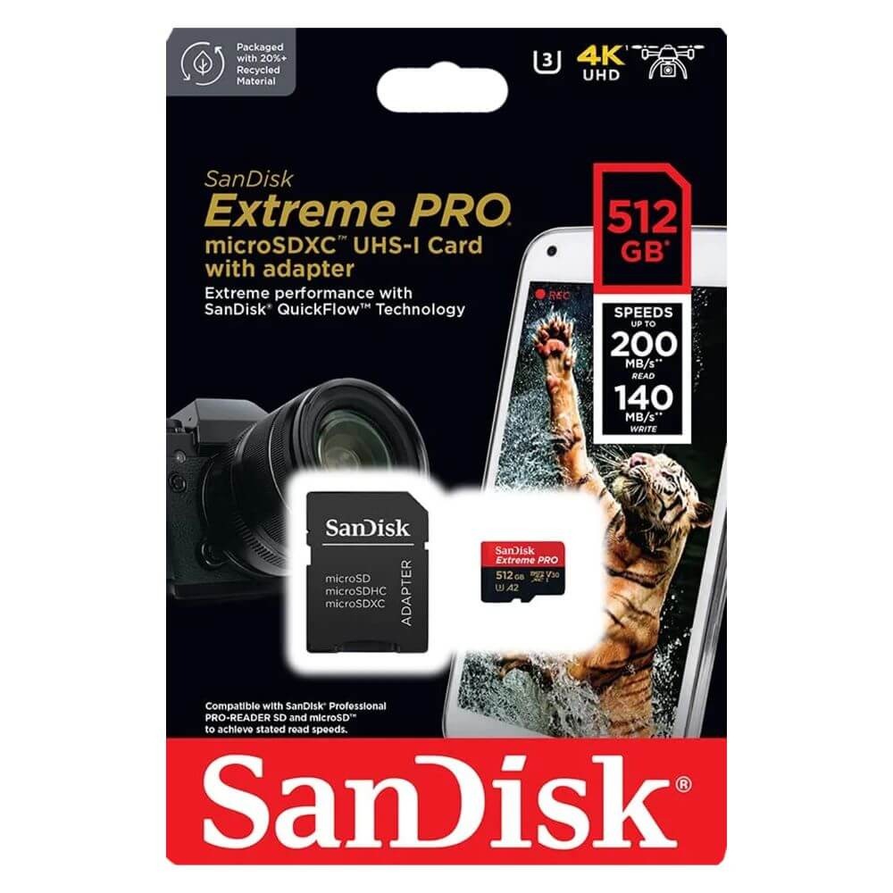 Cartão de Memória 512GB SanDisk Extreme Pro MicroSDXC 200Mb/s UHS-I V30 U3 A2