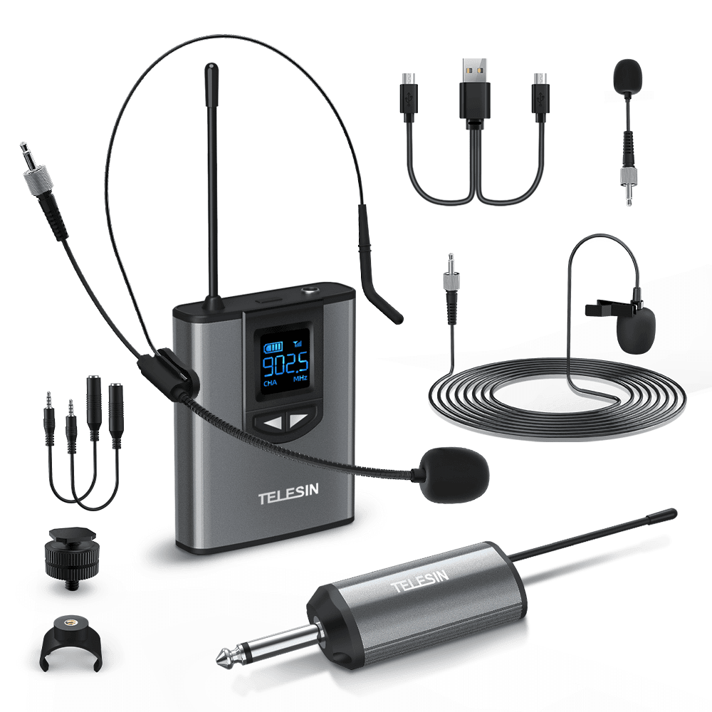 Sistema de Microfone Sem Fio com Transmissor e Receptor UHF - Telesin