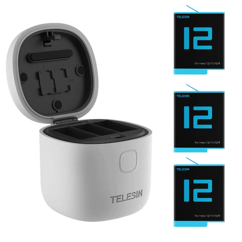 Carregador Triplo para GoPro Hero 12/11/10/9 Black + 3 Baterias Extras - Telesin