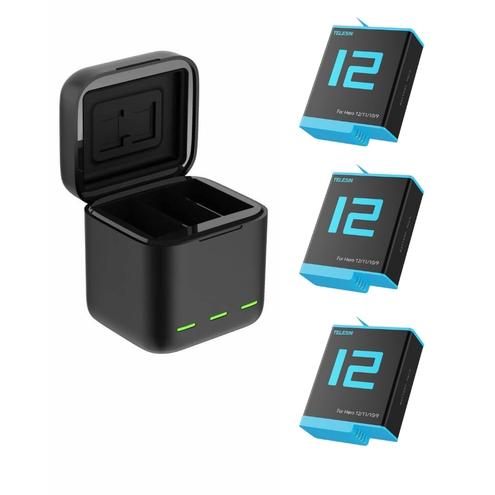 Carregador Triplo + 3 Baterias para GoPro Hero 12 / 11 / 10 / 9 Black - Telesin