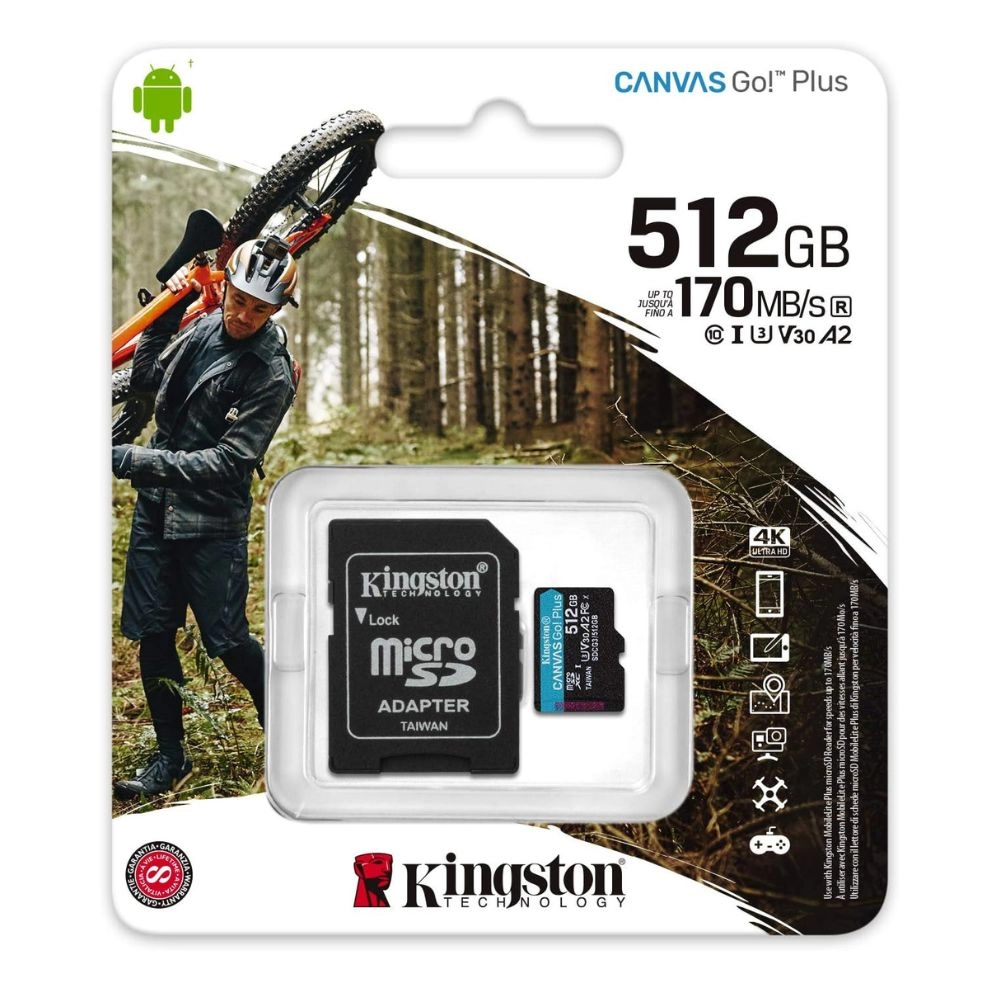Cartão MicroSDXC 512GB Kingston Canvas Go! Plus UHS-I U3 V30 A2 170mb/s
