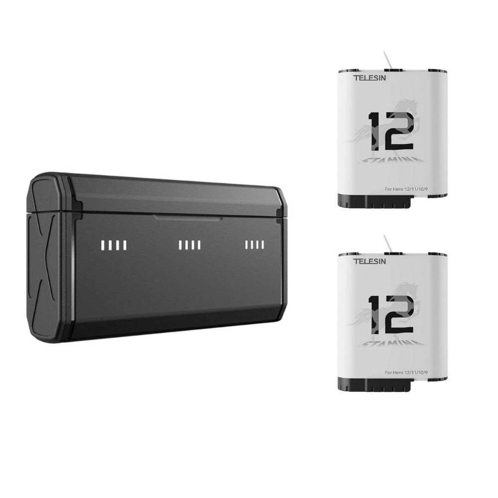 Carregador Triplo +  2 Baterias Stamina GoPro Hero 12 / 11 / 10 / 9 Black - Telesin