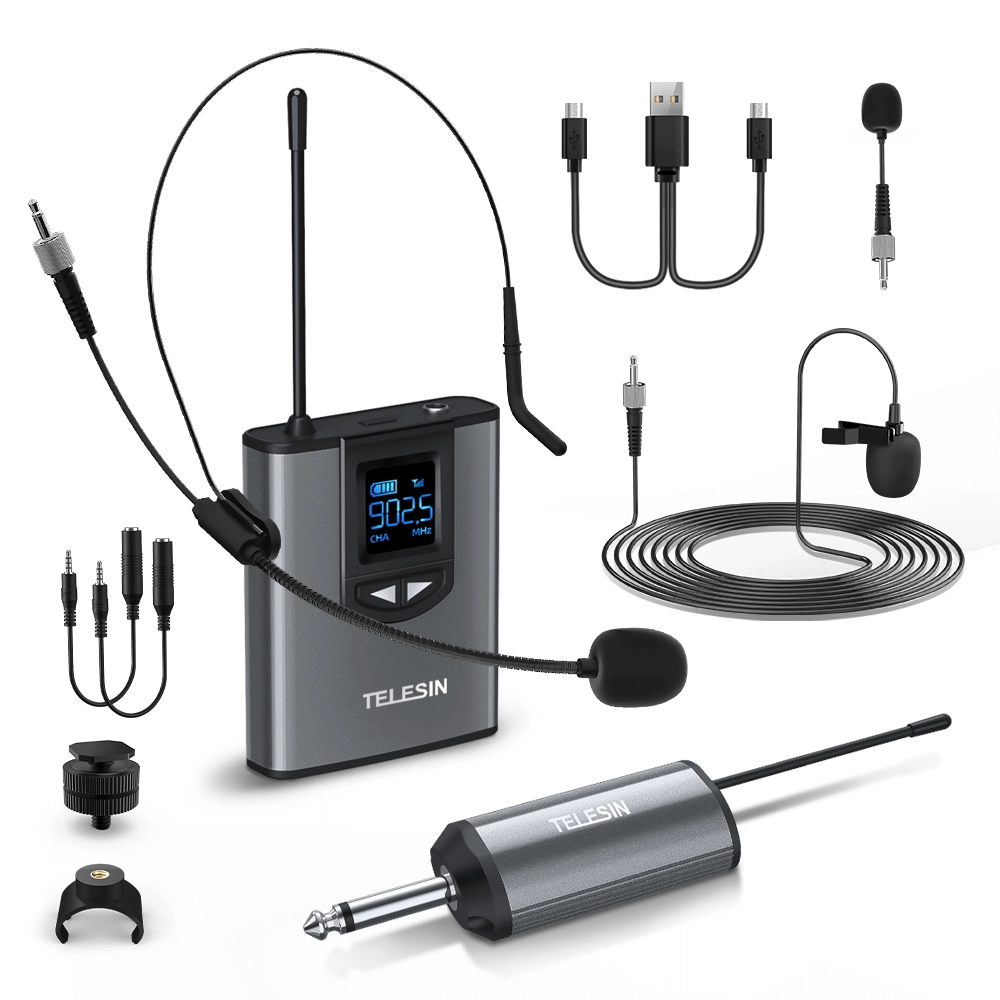Sistema de Microfone Sem Fio com Transmissor e Receptor UHF - Telesin